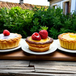 Rustic & Organic**

"A rustic, inviting display of pastel de nata pastries made with locally sourced, organic ingredients. The pastries are presented on a weathered wooden table, surrounded by fresh fruits and herbs.  The background shows a sun-drenched Portuguese farm with traditional architecture. Focus on natural light and vibrant colors. safe for work, appropriate content, fully clothed, professional, modest, family-friendly, perfect anatomy, correct proportions, natural pose, well-formed hands, proper finger count, natural body proportions"

**