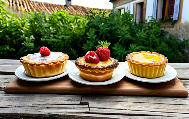 Rustic & Organic**

"A rustic, inviting display of pastel de nata pastries made with locally sourced, organic ingredients. The pastries are presented on a weathered wooden table, surrounded by fresh fruits and herbs.  The background shows a sun-drenched Portuguese farm with traditional architecture. Focus on natural light and vibrant colors. safe for work, appropriate content, fully clothed, professional, modest, family-friendly, perfect anatomy, correct proportions, natural pose, well-formed hands, proper finger count, natural body proportions"

**