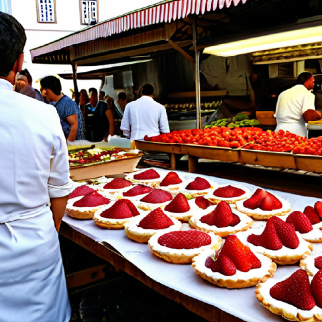디저트 전문가의 대회 준비 및 경험담 - Rustic Pastry Market Scene**
"A vibrant outdoor market scene in Lisbon, Portugal, featuring a pastr...