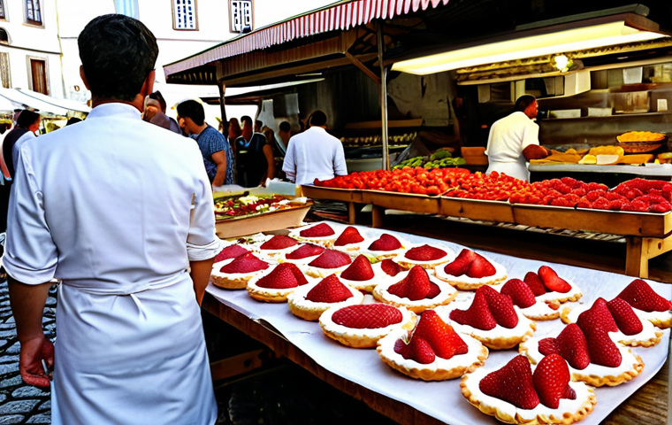 디저트 전문가의 대회 준비 및 경험담 - Rustic Pastry Market Scene**
"A vibrant outdoor market scene in Lisbon, Portugal, featuring a pastr...