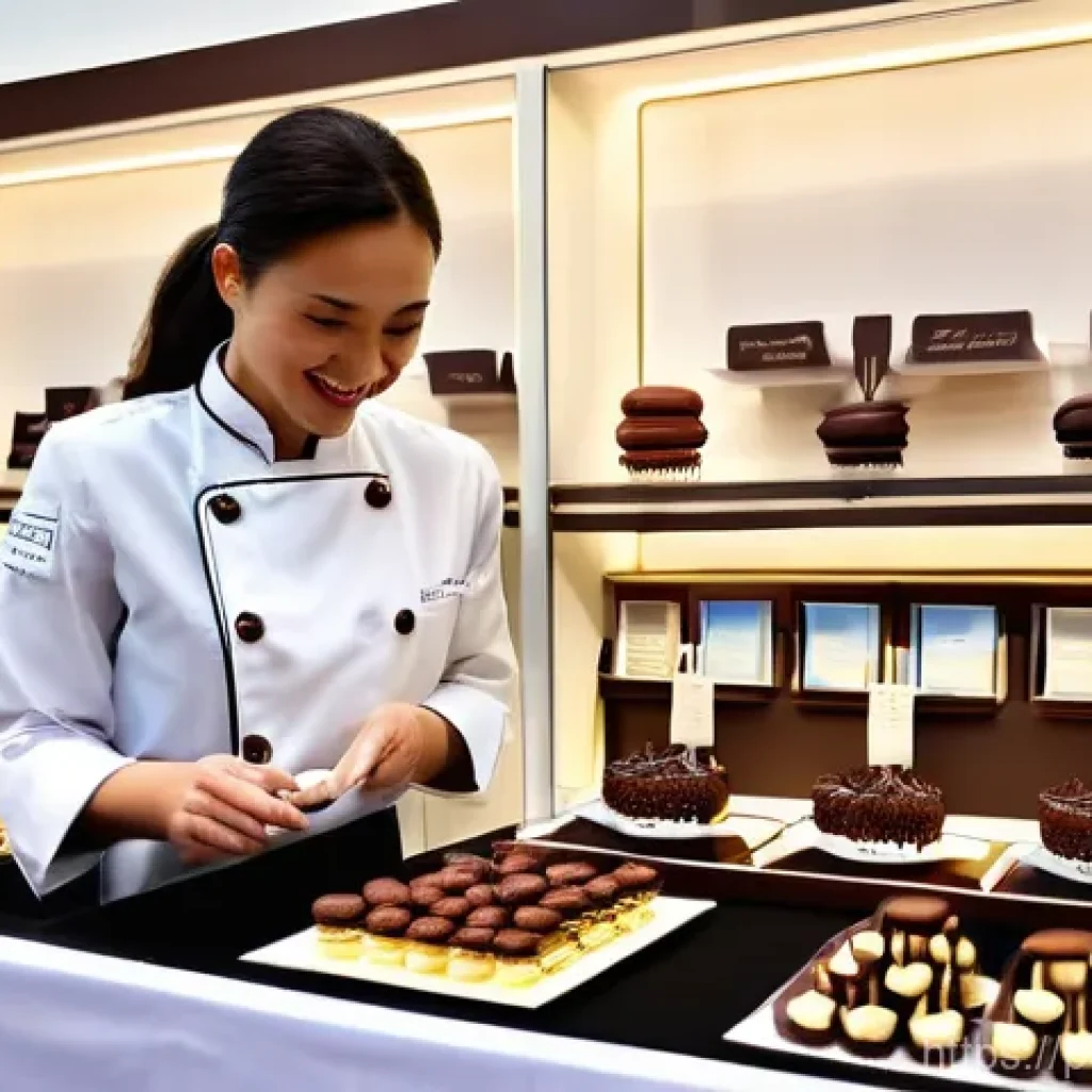 디저트 전문가의 업계 네트워킹 방법 - **Prompt:** A bustling, vibrant confectionery trade show in a large convention hall. A female pastry...