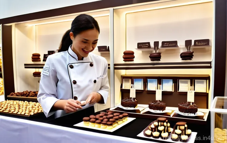 디저트 전문가의 업계 네트워킹 방법 - **Prompt:** A bustling, vibrant confectionery trade show in a large convention hall. A female pastry...
