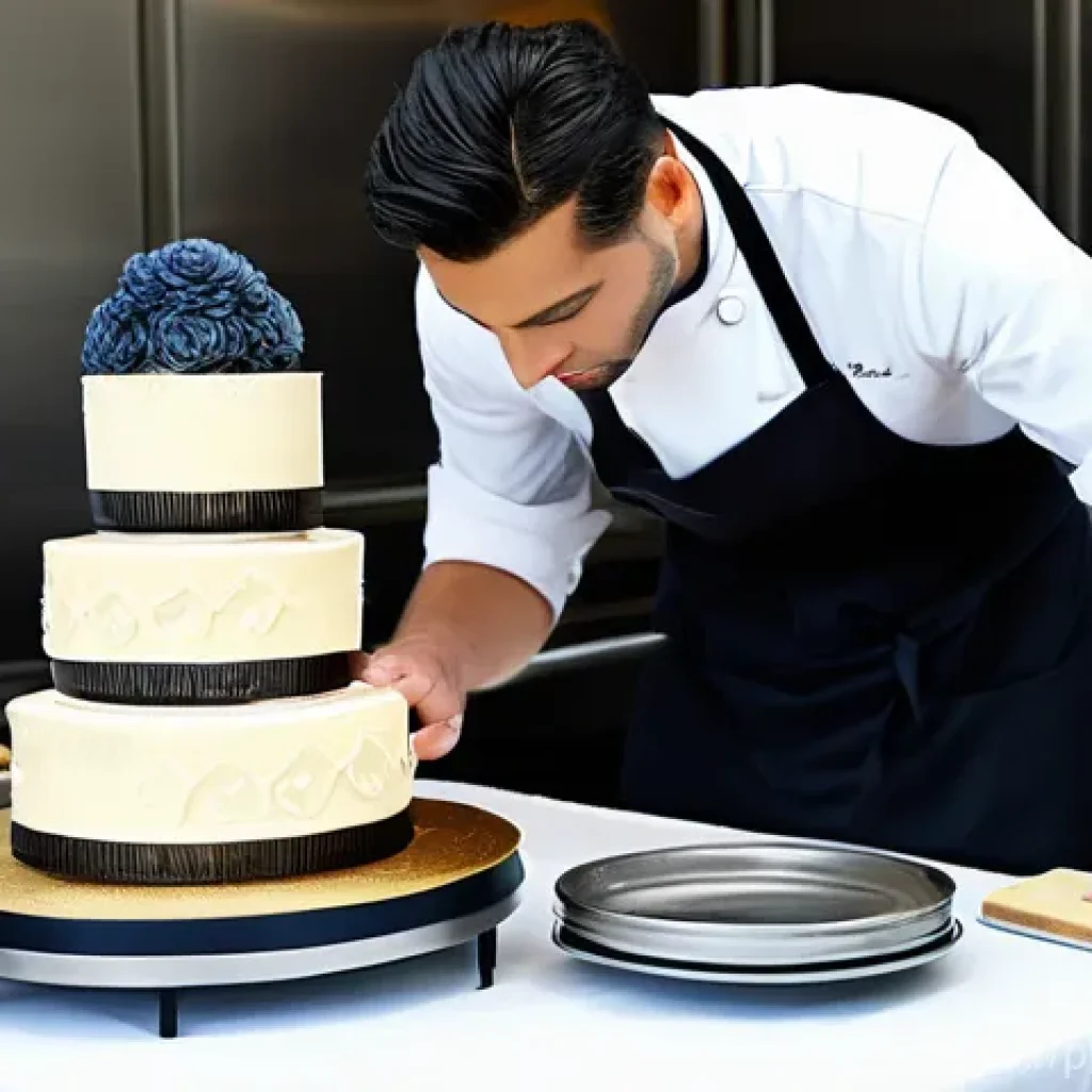 디저트 전문가의 연봉 협상 팁 - A highly skilled pastry chef, in their early 30s, meticulously adding the final delicate touches to ...