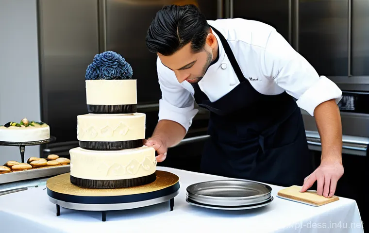 디저트 전문가의 연봉 협상 팁 - A highly skilled pastry chef, in their early 30s, meticulously adding the final delicate touches to ...