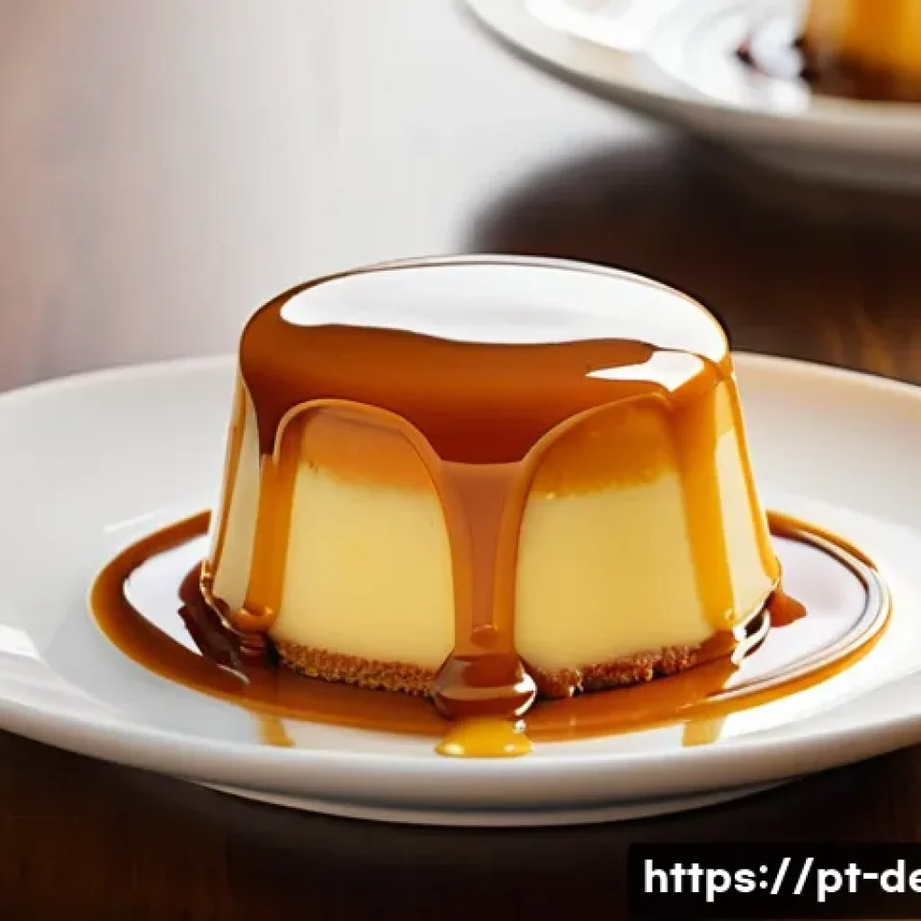 디저트 전문가의 인기 디저트 레시피 - **A perfect, glistening "Pudim de Leite Condensado" (Brazilian Caramel Custard) on a elegant white c...