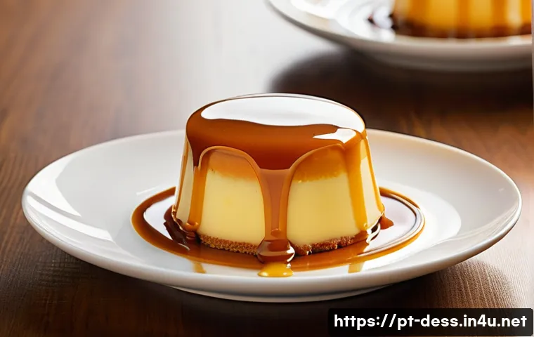 디저트 전문가의 인기 디저트 레시피 - **A perfect, glistening "Pudim de Leite Condensado" (Brazilian Caramel Custard) on a elegant white c...