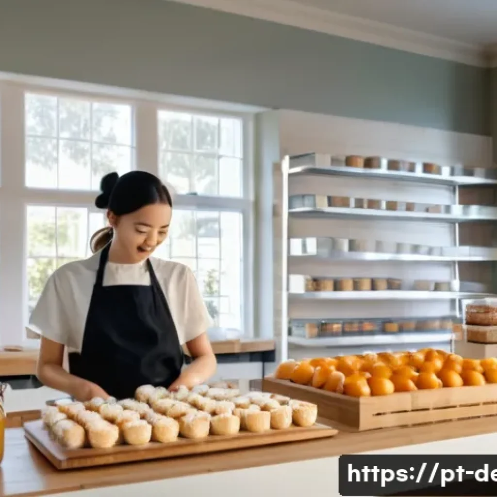디저트 전문가의 주간 계획표 - A bright, modern bakery kitchen with a female pastry chef organizing fresh ingredients on a wooden t...