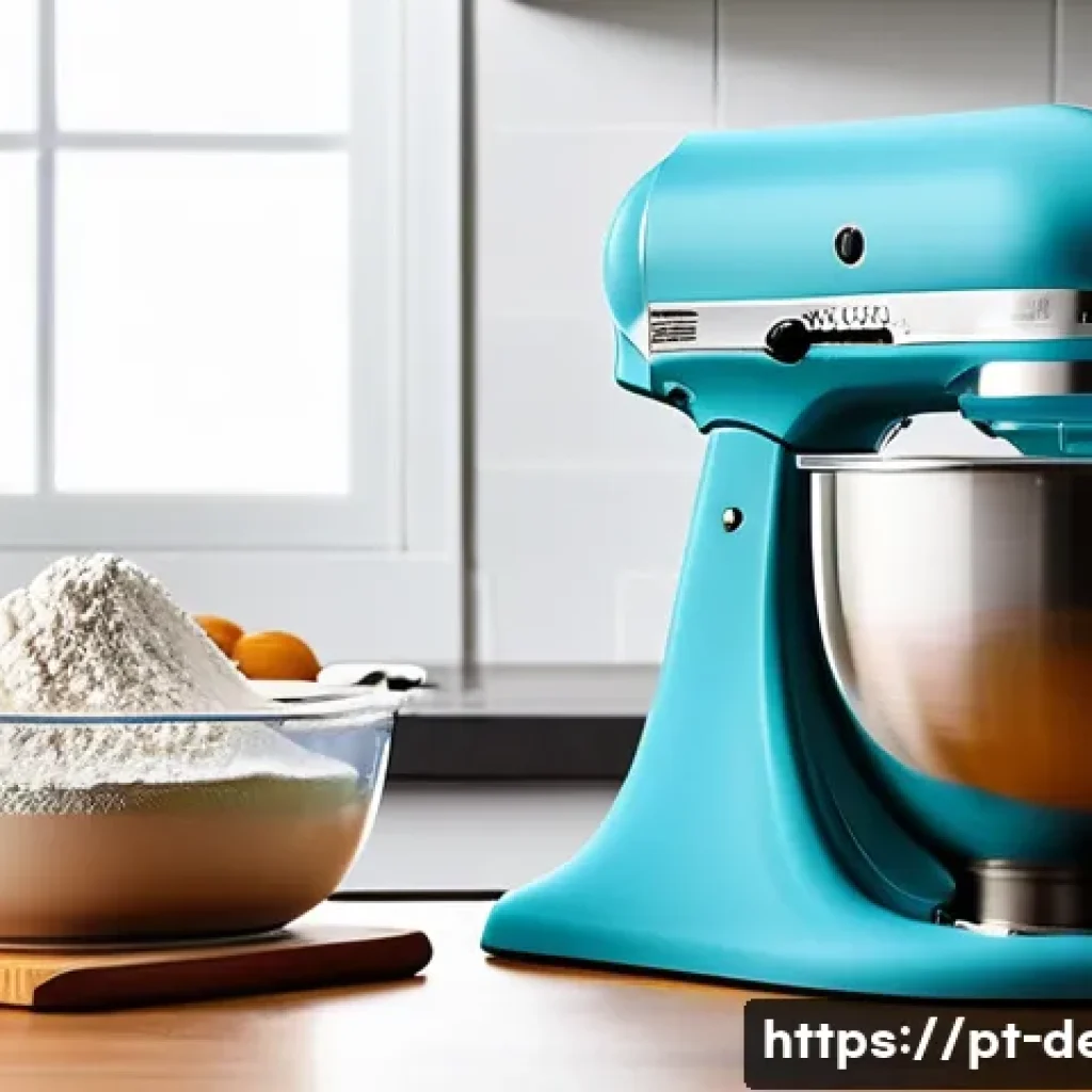 디저트 전문가의 필수 도구와 장비 - A modern professional kitchen countertop featuring a high-power stand mixer with a sleek stainless s...