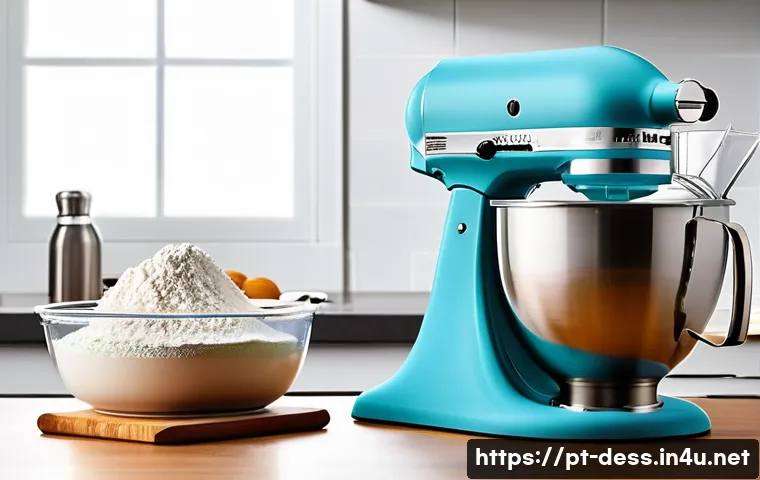 디저트 전문가의 필수 도구와 장비 - A modern professional kitchen countertop featuring a high-power stand mixer with a sleek stainless s...