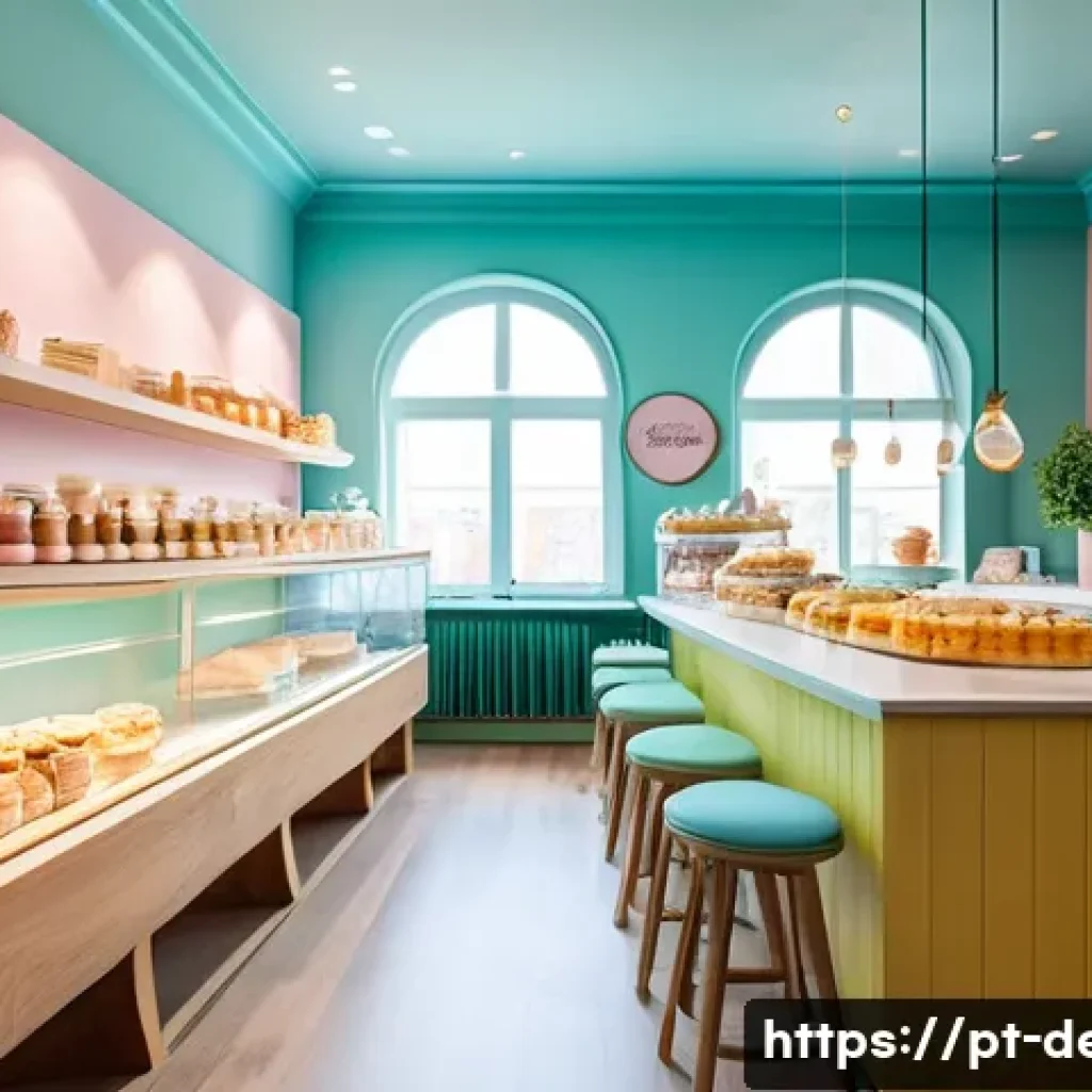 디저트 전문가의 인테리어와 공간 디자인 - A cozy pastel-themed bakery interior with soft pink, baby blue, and mint green walls, decorated with...