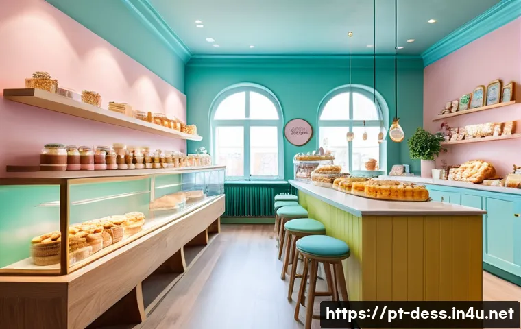 디저트 전문가의 인테리어와 공간 디자인 - A cozy pastel-themed bakery interior with soft pink, baby blue, and mint green walls, decorated with...