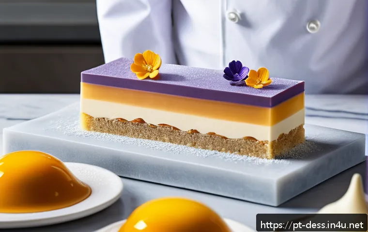 디저트 전문가로서의 평생 학습 전략 - A sophisticated pastry chef&rsquo;s workspace showcasing an artisanal layered dessert in the making, featu...