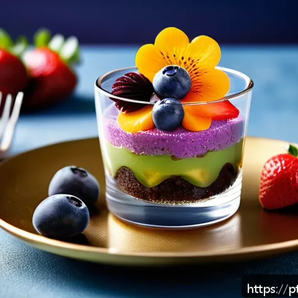 디저트 전문가의 플레이팅 기술 - A beautifully plated dessert featuring multiple layers in a clear glass parfait cup, showcasing vibr...