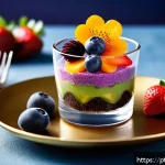 Home 21 디저트 전문가의 플레이팅 기술 - A beautifully plated dessert featuring multiple layers in a clear glass parfait cup, showcasing vibr...