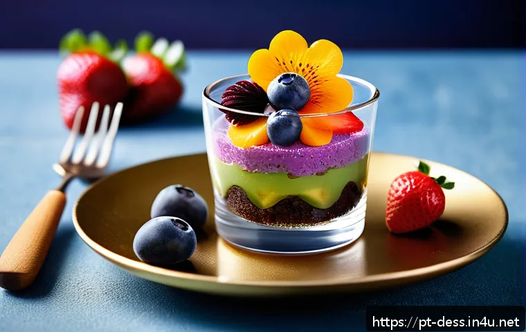 디저트 전문가의 플레이팅 기술 - A beautifully plated dessert featuring multiple layers in a clear glass parfait cup, showcasing vibr...