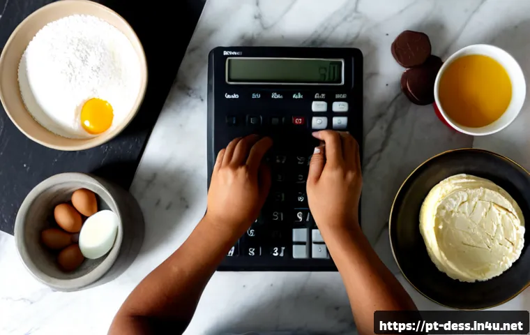 Home 17 디저트 전문가의 디저트 원가 계산법 - Photorealistic overhead view of a Portuguese pastry chef calculating dessert ingredient costs at a c...