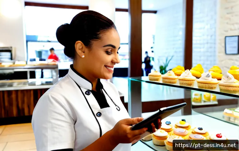 디저트 전문가와 고객 피드백 활용 사례 - Photorealistic Brazilian pastry chef in a bright, welcoming boutique bakery, reviewing customer feed...